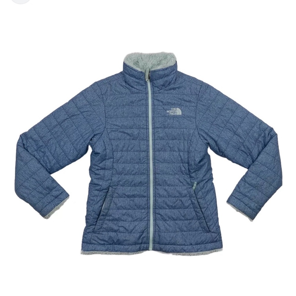 The North Face Kids Light Blue Quilted Puffer Jacket with Sherpa Collar.